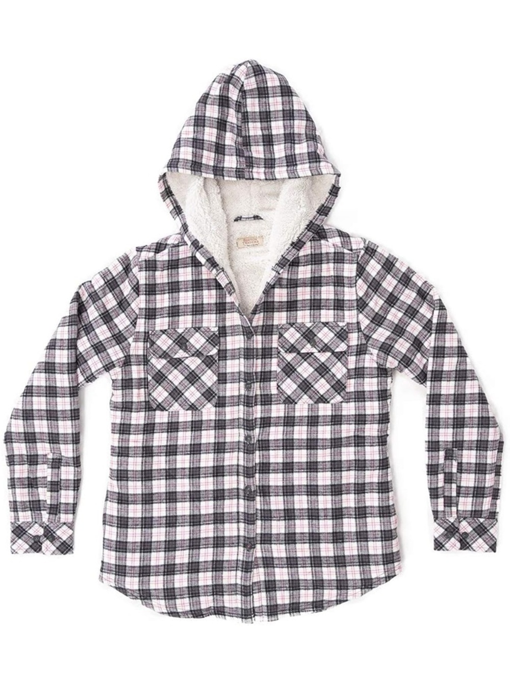 Boston Traders Hooded Sherpa-Lined Plaid Shirt Jacket - Pink/Dark Navy Blue